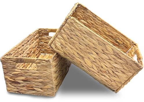 Aluusy Panier de Rangement, Panier Tressé Pliable en Jacinthe d'eau, Lot de 2 Panier pour Sous-Vêtements, Jouets ou Magazines, Panier d'étagère Kallax, bureau ou chambre-Couleur naturelle 32x23x19cm