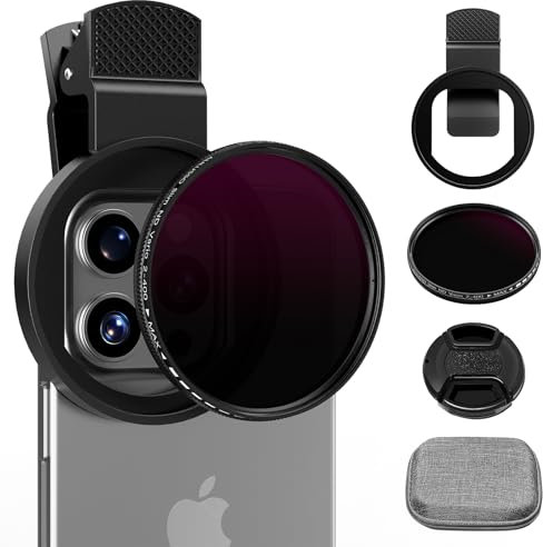 ALILUSSO Filtro variabile ND2-ND400 da 52 mm con clip per telefono aggiornata, lente filtro a densità neutra per iPhone 16/15/14/13 Pro Max Samsung Moto Google TCL, vetro multistrato a doppia faccia