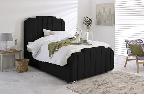 4FT Small Double Amelia Panel Bed Frame With Mattress And Headboard Upholstered In Plush Velvet Black Bed Wooden Slats - No Storage (Black, 4FT Small Double Bed With Mattress)