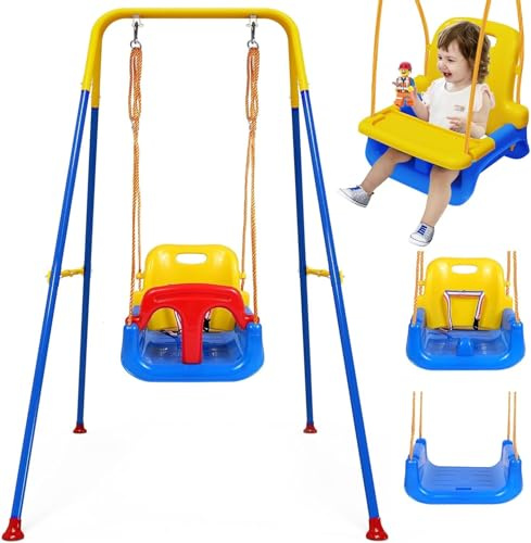 Upgraded 4-in-1 Babyschaukel Outdoor mit Tablett, Kinderschaukel Outdoor mit Zusammenklappbarer Gestell und Sicherheitsgurt für Outdoor & Indoor, Einfach zu Montieren