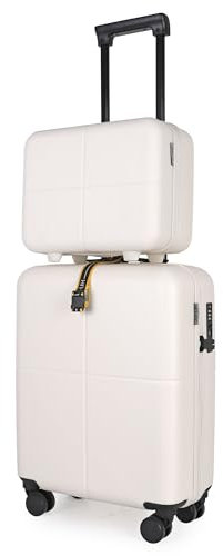 JLY Premium Makeup Travel Case + Small Cabin Suitcase 2 Pcs Set, 100% German Bayer Polycarbonate, Excellent Organisation & Wet/Dry Separation, Cosmetic Organiser & 4 Wheel Hand Luggage (Ivory White)