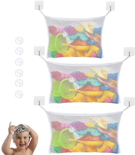 3 PCS Baby Bath Toy Storage,with 6 Transparent Suction Cups 6 Grab Hooks Wall Mounted Bathroom Toy Storage, Foldable and Durable Bath Toy Net Suitable for Balcony Bathroom
