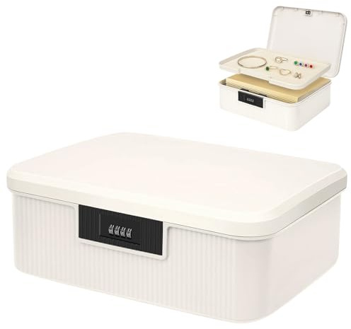 Boîte verrouillable à 2 couches ABS avec serrure à combinaison, boîte de rangement pour médicaments, bonbons, objets de valeur (34 x 29 x 12 cm, blanc)