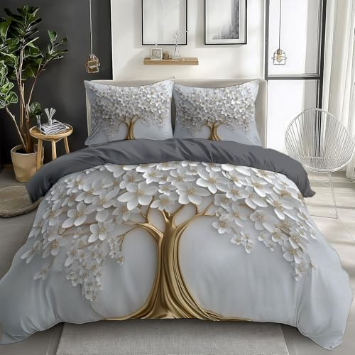 Generisch Weiß Bettwäsche 135x200 cm Weiße Blume Goldener Baum 3D 3D Bedruckte Bettbezug Einfache Pflege 3-Teiliges Bettwäsche Set Polyester Baumwolle mit Reißverschluss und 2 Kissenbezug