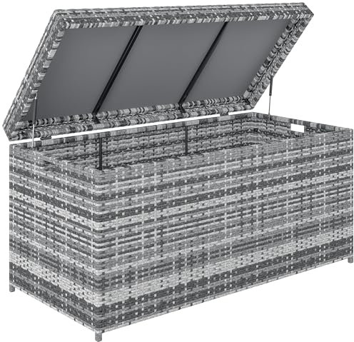 Outsunny Rattan Auflagenbox 380L wetterfest Kissenbox mit Deckel Eingebautem Griff Stauraum UV-beständig Gartenbox Aufbewahrungsbox Beistelltisch Gartentruhe für Garten Balkon 130x61x65 cm Dunkelgrau