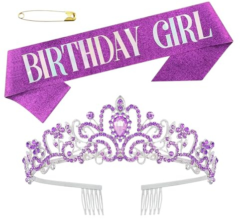 NYZQIW Geburtstagskrone Schärpe, Birthday Queen Tiara, Geschenke für Frauen und Mädchen, Strass Tiara Sets für Geburtstag Dekoration (Violett)