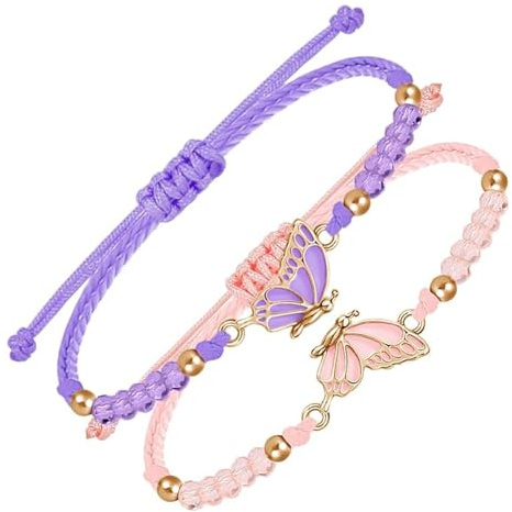 MVOLEGDE 2 Stück Lila und Rosa Freundschaftsarmbänder, Verstellbares Freundschaftsarmband Kinder, Schmetterling Dekoration Geflochtenes Friendship Bracelet, für Beste Freunde, Schmuckgeschenke