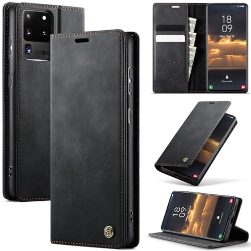 Cracedily Handyhülle für Samsung Galaxy S20 Ultra Hülle Premium PU Leder Klappbar Stoßfeste Tasche Flip Case RFID Blocker Magnet Kartenfach Standfunktion Klapphülle Schutzhülle für S20 Ultra, Schwarz