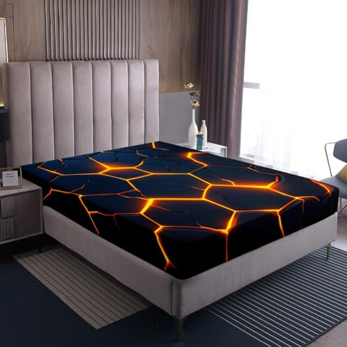 Homewish Dunkelblau Golden Waben Spannbetttuch 90x200cm Geometrisches Sechseck Spannbettlaken für Kinder Jungen Jugendliche,Geometrie Bienenstockmuster Bettlaken Videospiel Motiv Laken Mikrofaser