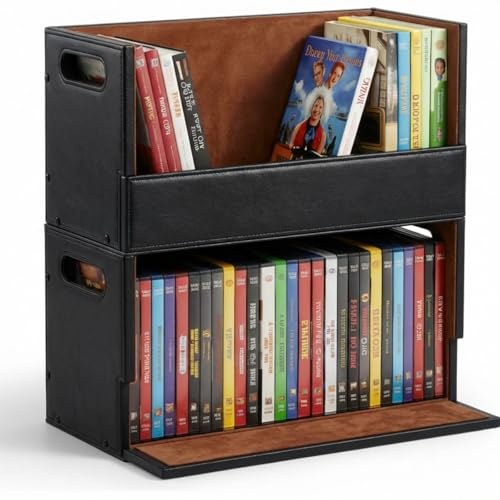 CroBlissful 2 Set Leather DVD Storage Box DVD Holder Racks Cassette Tape Display Stand with Carrying Handles Organizer Shelf for Movie Cases, Storage Racks