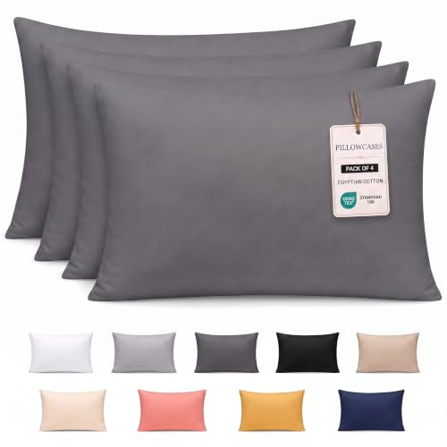 Pamposh 300 Thread Count 100% Egyptian Cotton Pillow Cases 4 Pack Breathable Ultrasoft Charcoal Pillow Covers
