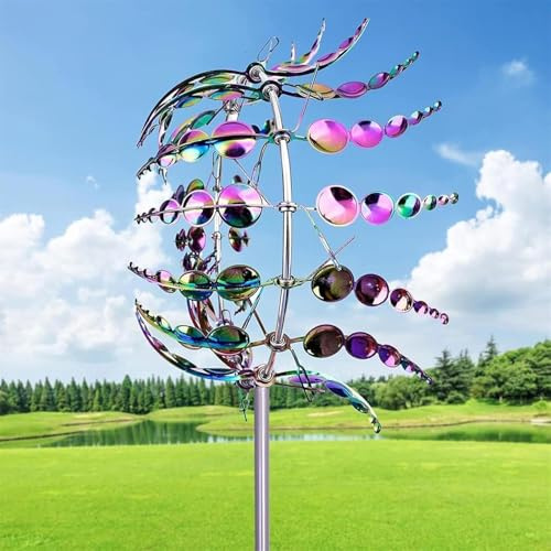 Einzigartige und magische Metall Windmühle, 3D Windbetriebene Kinetische Windrad Garten Metall, Rostfrei Gartenstecker Windspiel, für Terrasse Rasen und Garten Dekoration