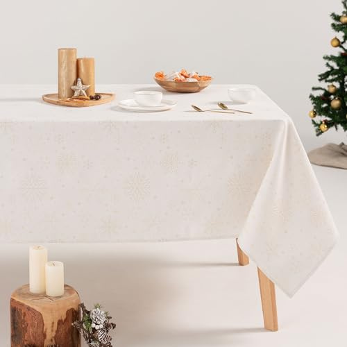 GAMUSI Tischdecke für Weihnachten, Blumenmuster, Jacquard, Goldgarn, Esstisch, rechteckig, Weihnachtsdekoration, 140 x 300 cm, Weiß