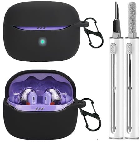 CONAPIKA Funda protectora de silicona para JBL Tune Beam 2 con bolígrafo de limpieza, ultrafina, suave y flexible, a prueba de golpes, lavable, anticaídas, antipérdida, con mosquetón, color negro