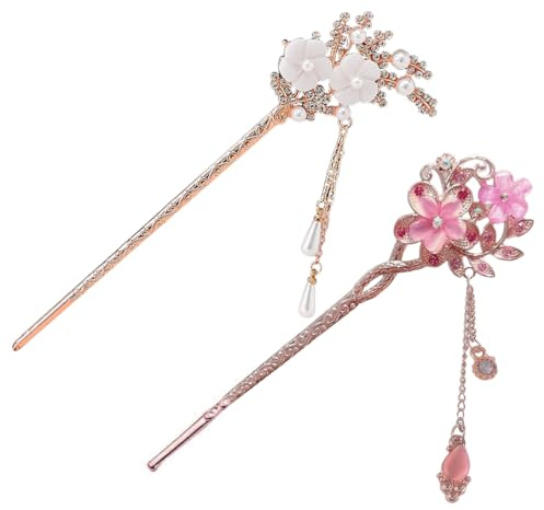 WUFKOP Lot de 2 Baguettes à Cheveux Vintage avec Fleur et Pompon, Épingle à Cheveux Chinoise Décorative pour Coiffure Longue, Accessoire de Mode pour Femmes et Filles (Quotidien, Fête, Mariage)