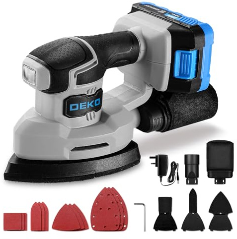 Cordless Mouse Sander for Wood: DEKOPRO 20V Detail Sander with Dust Collector and 2.0Ah Battery 13000 RPM, 3 Additional Attachments 12PCS Sandpapers - Compact & Ideal for Tight Space Sanding Blue-gray