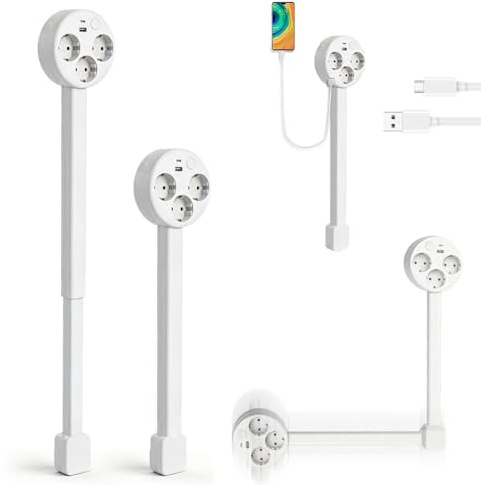Rallonge multiprise, multiprise extensible avec barre télescopique (47-67 cm), multiprise rotative à 360°, 3 prises, 1 USB-A et 1 USB-C