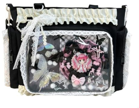 WANWEN Ita Bag Bandoulière Sac à épingles Japonais en Nylon à Volants en Dentelle Kawaii Y2k Sac à Main Bandoulière Kawaii Ita Bag Bretelles Réglables