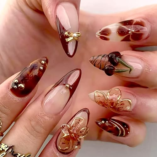 24 Pcs Tortoiseshell & 3D Cherry Floral Glossy Stick on Nails | Acrylic Nude & Amber Brown Long Almond Press on Nails for Women Vacation & Daily Wear