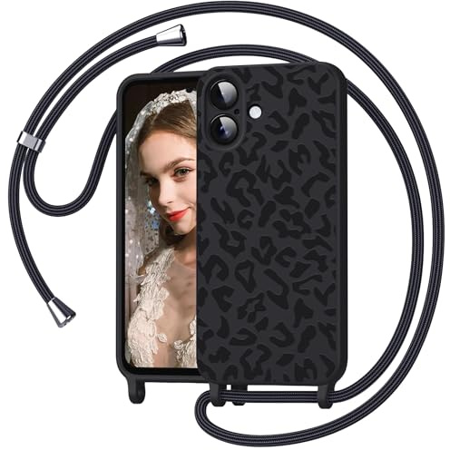 Mosoris Handyband für iPhone 17 Hülle mit Band, Leopardenmuster Silikon Handyhülle mit Kette, Necklace Schutzhülle zum Umhängen Kordel, Liquid Silikon Case für iPhone 17 6.3, Schwarz