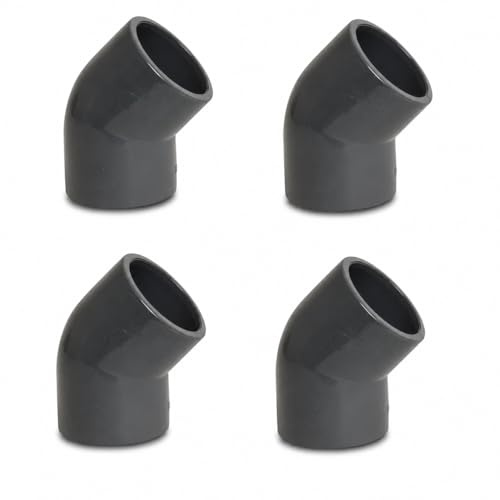 PVC Winkel 45°| Klebemuffe 50 mm | PVC-U | 10 bar | Rohrverbinder für Pool | Wassertechnik und Bewässerung (4er-Pack)
