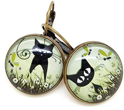 Boucles d'Oreilles Dormeuses cabochon verre Chat et Chaton Noir dans Champs de Fleurs Vert