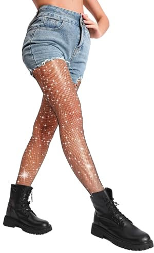DancMolly Damen Funkeln Strass Netzstrumpfhose, 20 Volltonfarben 3 Stile Glitzer Fischernetz Strumpfhosen mit Hoher Taille