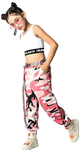 LOLANTA 2 Pezzi Ragazze Hip Hop Street Dance Solo Set, Crop Tank Top + Pantaloni Jogger mimetici, Rosa, 13-15 anni, 170