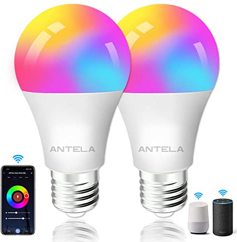 ANTELA Smart Bulb E27 Alexa WiFi Light Bulbs, 9W 1000LM LED Screw Bulb 2700K-6500K RGB Multicolored Dimmable, Smart Life App Control, Compatible with Alexa, Google Home, No Hub Required, 2 Packs