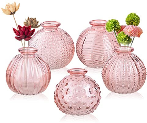 ELEGANTTIME Single Glass Bud Vase Pink Glass Vases for Centerpieces Decor Glass Flower Vase Bottle with Crok Wire Iron Handle Design Perfect for Cafes, Office Table, Home and Garden