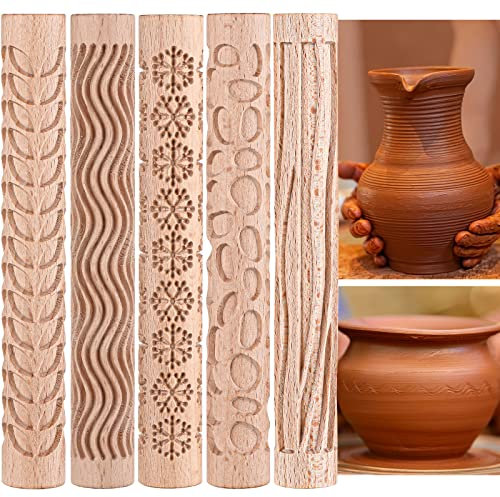 Yookeer 5 Pieces Christmas Pottery Tools Handmade Clay Roller Set Wooden Handle Clay Texture Roller Slab Roller Leaves Snowflake Pattern 5.9 Inch Clay Textured Rolling Pins for Ceramics