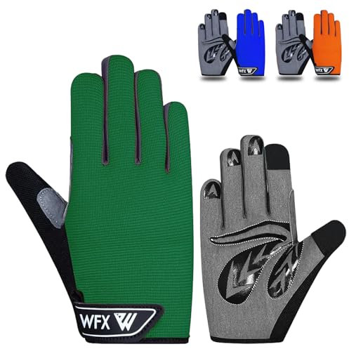 Kids Cycling Gloves Junior Boy Girl Youth, Children's Touch Screen Anti-slip Riding Gloves for Outdoor Sports Road Mountain Bike, Gel Padding Bicycle Full Finger Gloves Pair (Small, Green)