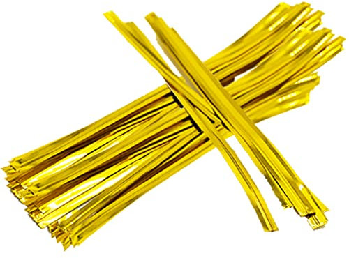 100 Pcs 4 Inches Metallic Twist Ties Reusable Bag Ties Plastic Bread Twist Ties for Candy Bags, Coffee Bags, Snacks, Cake Pops, Party Supplies(Gold)