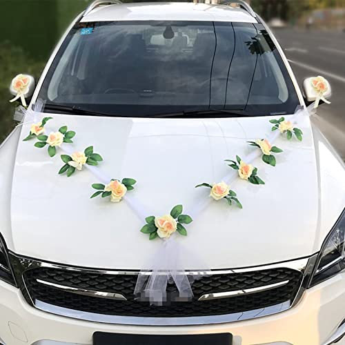 Autoschmuck Hochzeit Motorhaube Saugnapf, Hochzeitsdeko Auto Blumen, Deko Hochzeitsauto Vintage, Auto Hochzeitsschmuck Set mit Autoschleifen Spiegel Blumenstrauß Kunstblumen Rosen Tüll (Weiß-Beige)