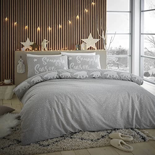 Catherine Lansfield Bedding Snuggle Polar Bears Double Duvet Cover Set with Pillowcases Stone Grey, Duvet Set, Double Duvet Set