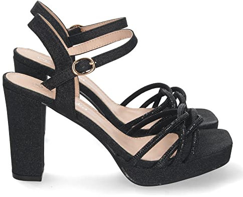 shoes&blues.es 67357-Sandalia de Tacon para Mujer, Comoda, de Material Brillante, con Palas Cruzadas, y Cierre de Hebilla, Otono Invierno 2022. Talla 38 Negro