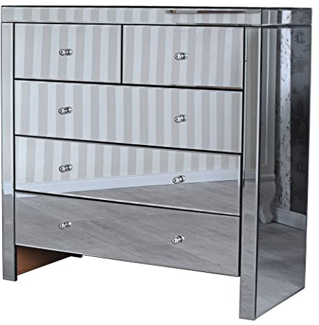 Verspiegelte Wäschekommode Hollywood Glamour – Silber, 5 Schubladen, Luxus Schubladenschrank, Spiegelmöbel für Schlafzimmer & Flur vic527 Palazzo Exklusiv