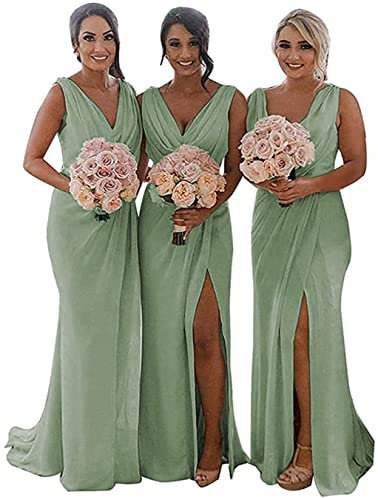 KURFACE Double V Neck Chiffon Bridesmaid Dresses Long High Slit Evening Dresses Formal Prom Gowns Draped Sage Green UK14
