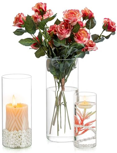 Vase Cylindrique en Verre Decoratif Transparent - Inweder Lot de 3 Vases Fleur Photophore Bougeoirs Hurricane Bougeoir Verre pour Bougies Pilliers Bougies Flottantes Centres Table Mariage 15+20+25cm