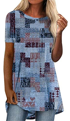 Damen Blumen Tunika für Leggings-Elegant Kurzarm Long Shirt Drucken Sommer Lang Bluse Übergröße Rundhals T-Shirts Lose Bequem Locker Tunika Tops Oversize Damenbluse