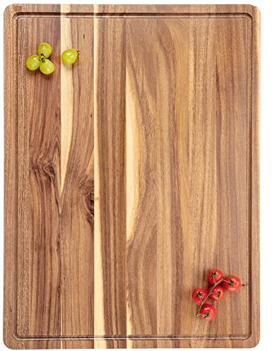 Tagliere extra large in legno di acacia, 61 x 45 cm, con manico e scanalatura per succhi, tagliere per tacchino, carne, verdure, barbecue