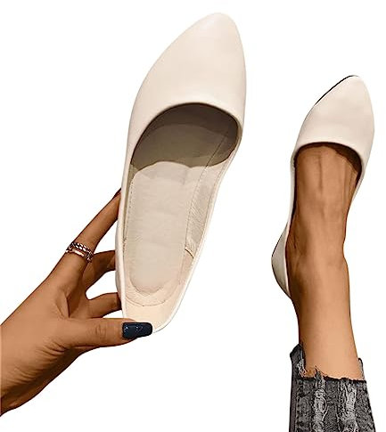 Minetom Damen Pumps Pointed Toe Kunstleder rutschfest Business Büro Flache Schuhe Ballerinas Elegant Bequem Hochzeit Abend Party Braut Schuhe A1 Beige 40 EU
