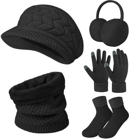 Niwicee Mütze Schal Handschuhe Damen Winter Set Dicke Socken Damen Plüsch Ohrenschützer Kombi Set Strickmütze Gestrickte Schal Wärmer Fleece Gefütterte Handschuhe Geschenke Für Winter-Schwarz-