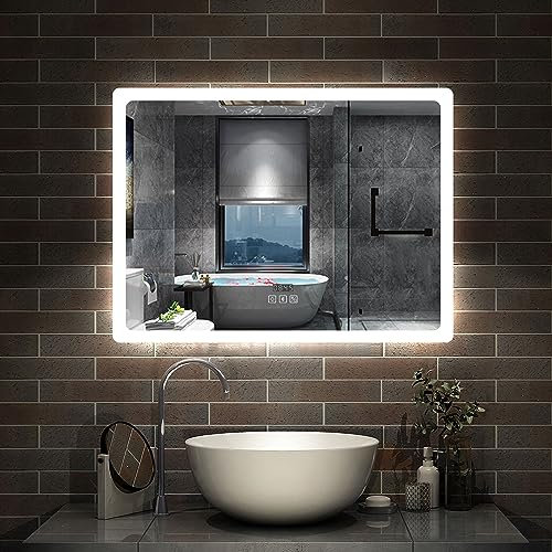 Aica Sanitär LED Badspeigel 80×60cm Bluetooth Uhr 3 Lichfarbe dimmbar Memory Wand/Touchschalter Anti-Beschlag Spiegel mit Beleuchtung energiesrarend