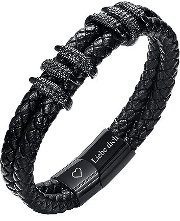 XUANPAI Armband Herren Lederarmband Männer - Schwarz Geflochtene Armkette Leder mit Magnetverschluss Personalisiert Schmuck Herrenarmbänder 21 cm Geschenk für Ehemann Freund Hochzeitstag Geburtstag