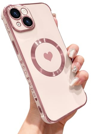 L-FADNUT Coque pour iPhone 15 Coque Compatible avec MagSafe Motif Cœur Galvanisé Antichoc Résistante Silicone Coque pour iPhone 15 Rose