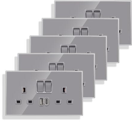 JIMEIDA 5 Pack Double Switched Socket 13 Amp with USB A and Type C 3.1A Charging Ports Crystal Grey Glass Panel Wall Outlet Electric Power Socket
