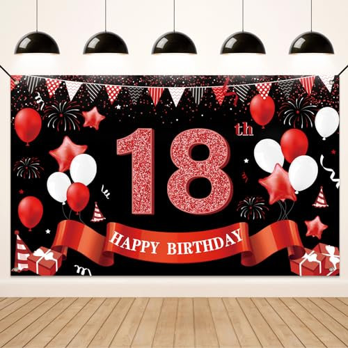 Koliphy 18. Geburtstagsdeko, 18. Happy Birthday Banner für Jungen Mädchen, Schwarz Rot Stoff 18 Geburtstagsbanner Hintergrund Party Dekoration Drinnen und Draußen
