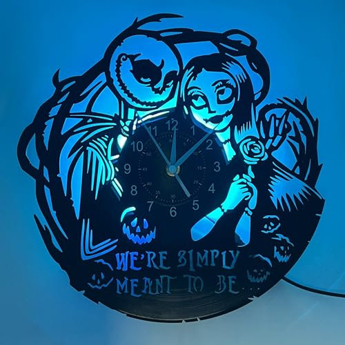 inthetime Vinyl Schallplatten-Uhr mit Jack Sally Simply Meant to Be, Liebesthema Gothic Weihnachten Alptraum Nachtlicht Kunst Wanddekoration Geschenke für Frauen Männer Ehefrau Ehemann
