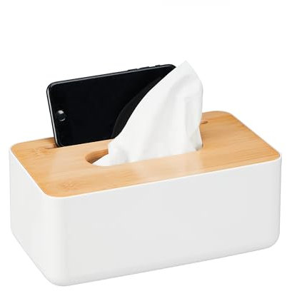 Relaxdays Tücherbox, Kunststoff & Bambus, Kosmetiktücher Box, eckige Tuchbox Taschentücher, HBT: 10x23x13 cm, weiß/Natur